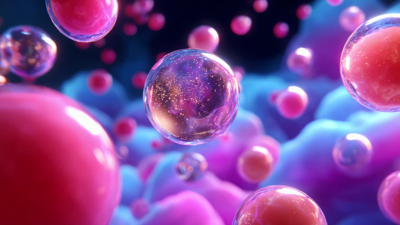 Enchanting microscopic view of colorful spheres in motion, showcasing vibrant bubbles and cell-like structures amidst a dreamy blue and pink background, creating a mesmerizing visual experience of cellular life
