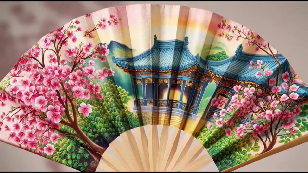 Abanico plegable chino tradicional abriéndose para revelar un paisaje pintado