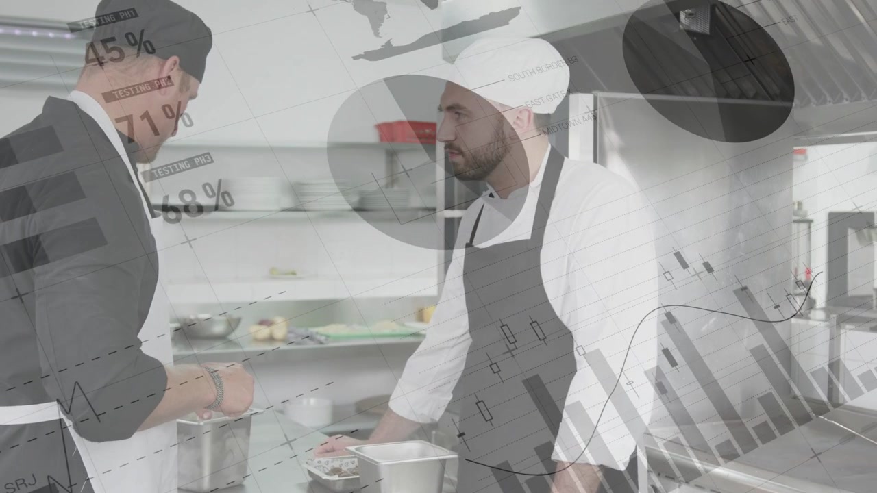 Uno chef senior prepara dopo aver misurato al bancone della cucina, istruendo un cuoco di linea, con grafici in sovrapposizione.