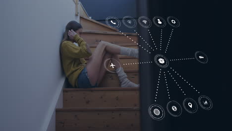 animation of network of connections over caucasian woman using smartphone