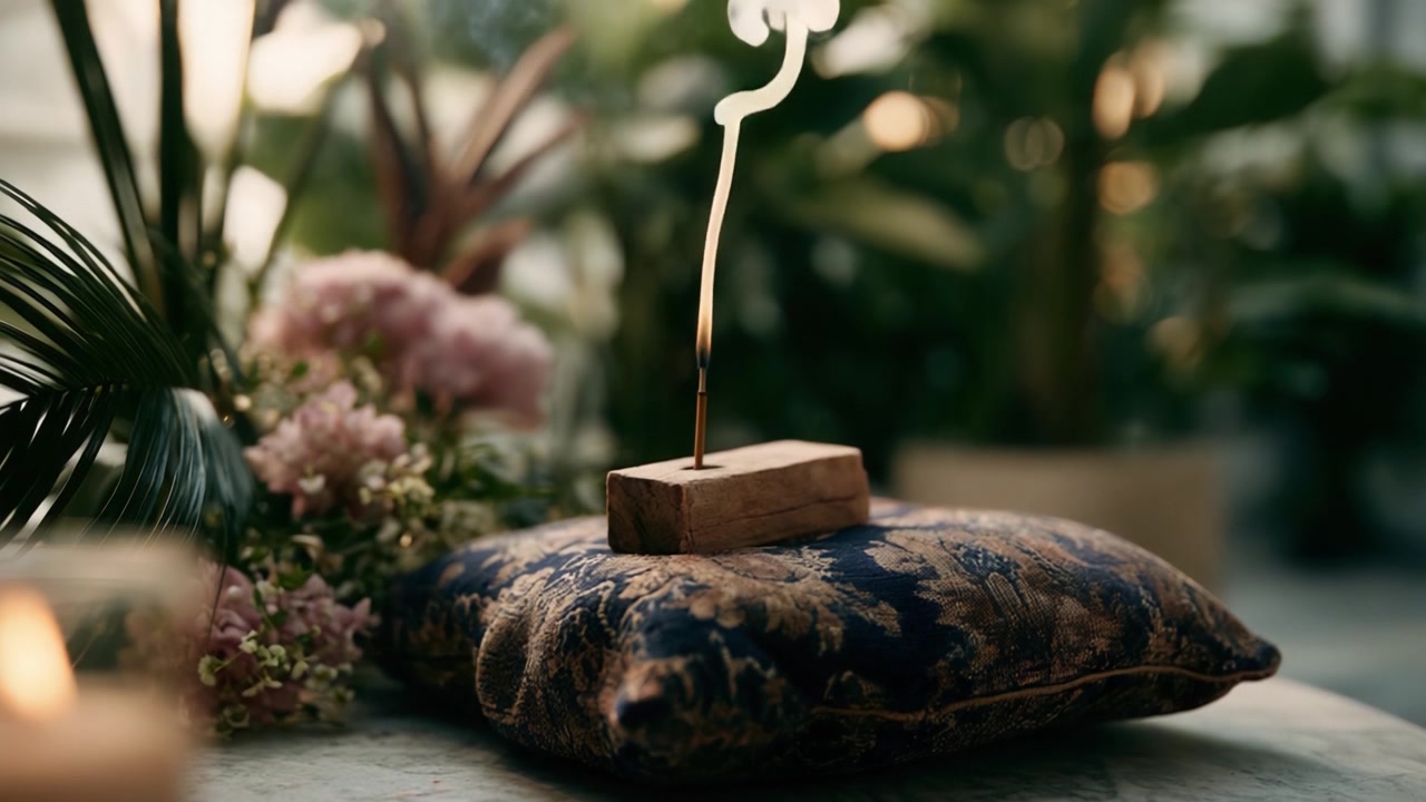 Un'atmosfera serena: fumo di incenso che sale da un porta incenso fatto a mano su un cuscino decorato, circondato da una lussureggiante vegetazione e accenti floreali in un ambiente interno tranquillo.