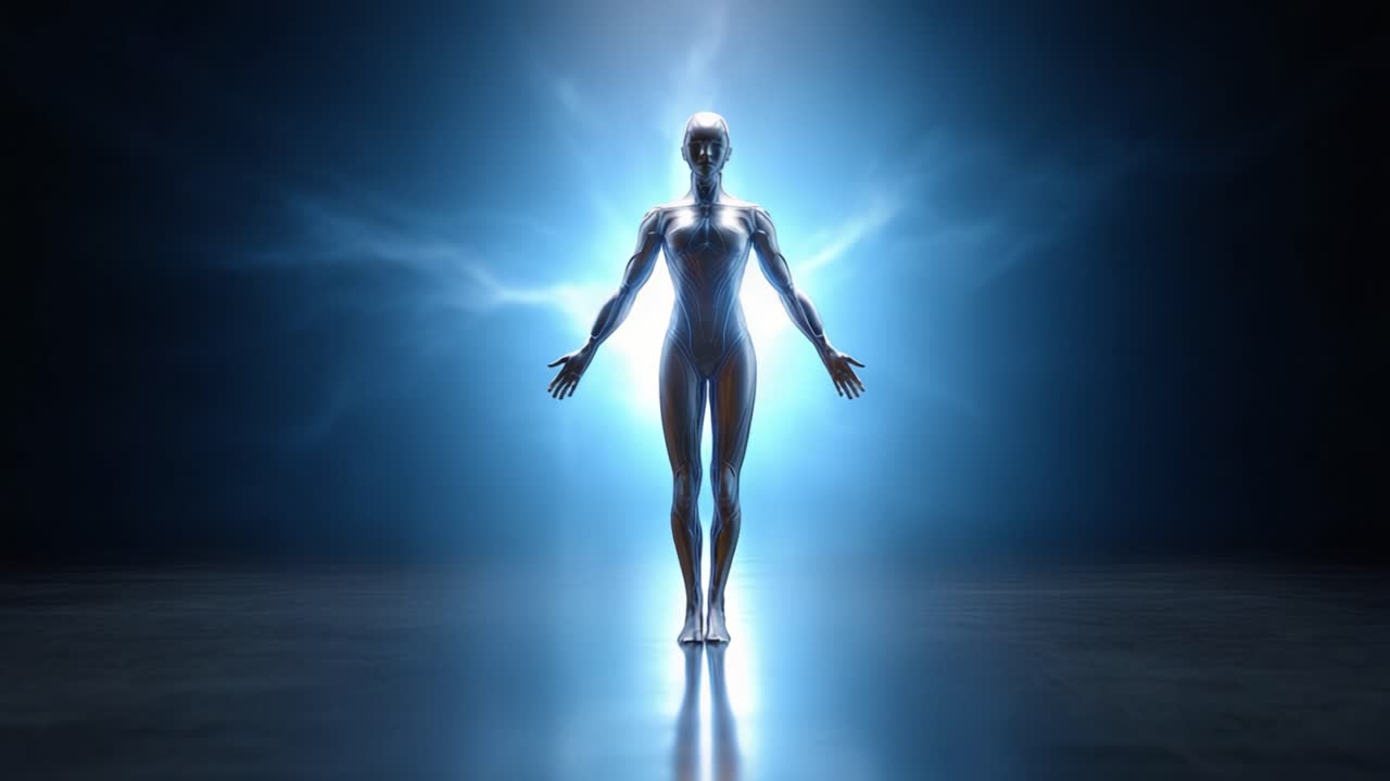 Een futuristische humanoïde figuur die energie uitstraalt, de convergentie van technologie en kunst belichaamt, staat verlicht tegen een kosmische achtergrond van levendig licht