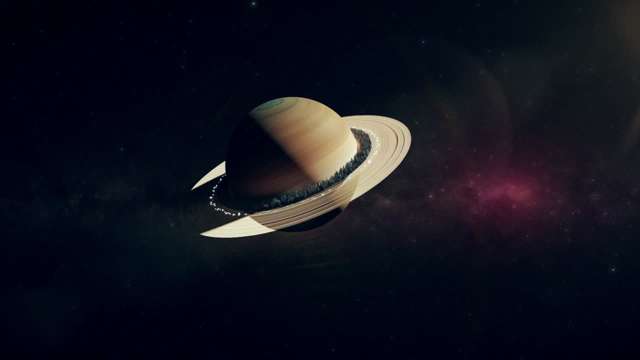 planeta saturno en el espacio exterior. ciudad ubicada a lo largo de los anillos de saturno, el concepto de la colonización de saturno. animación 3d