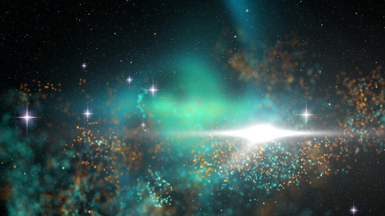 검은 바탕에 움직이는 오렌지색과 파란색 입자 구름, 별 및 빛의 애니메이션