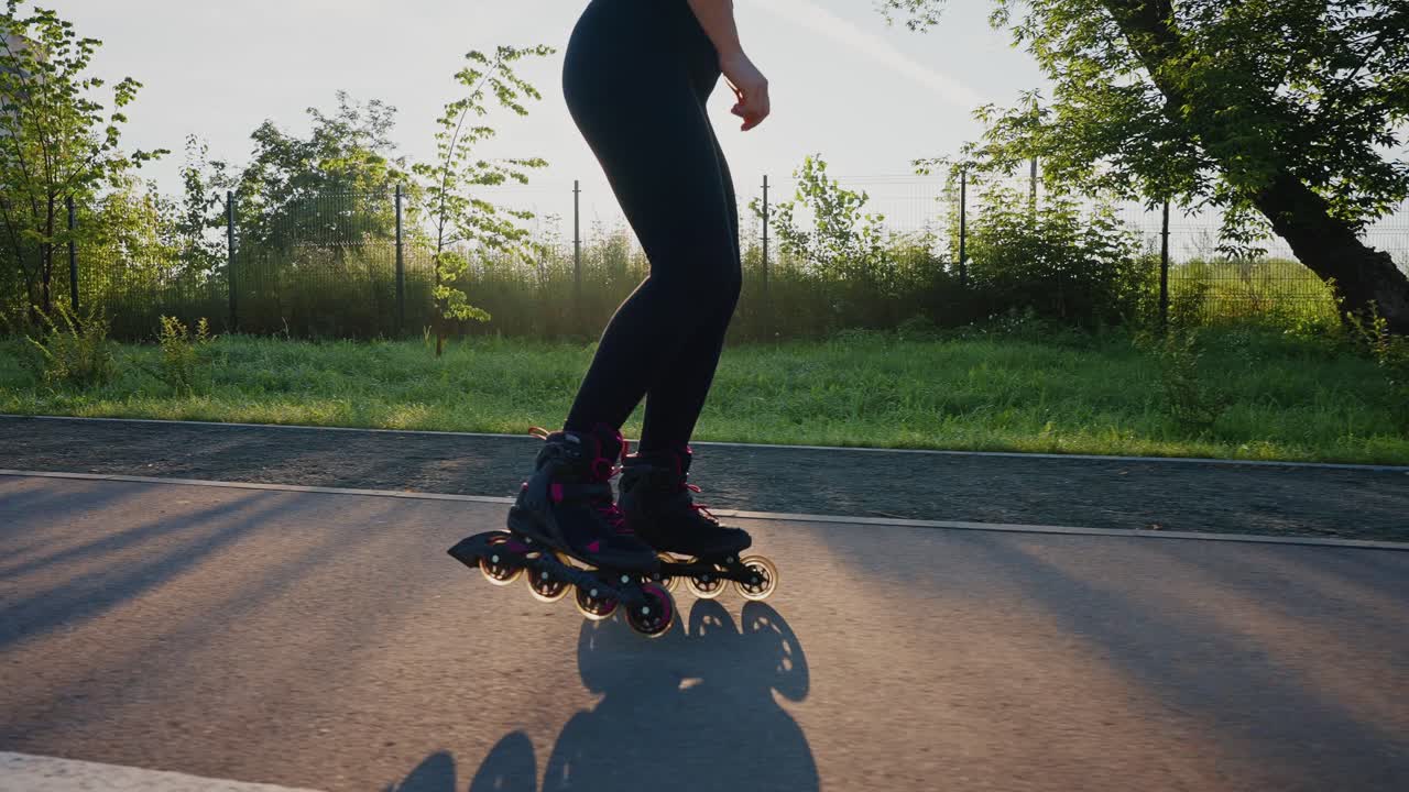 Woman Rollerblading in a Park at Sunset