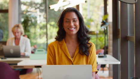 Portrait-Of-Smiling-Mature-Businesswoman-Working-On-Laptop-At-Desk-In-Office