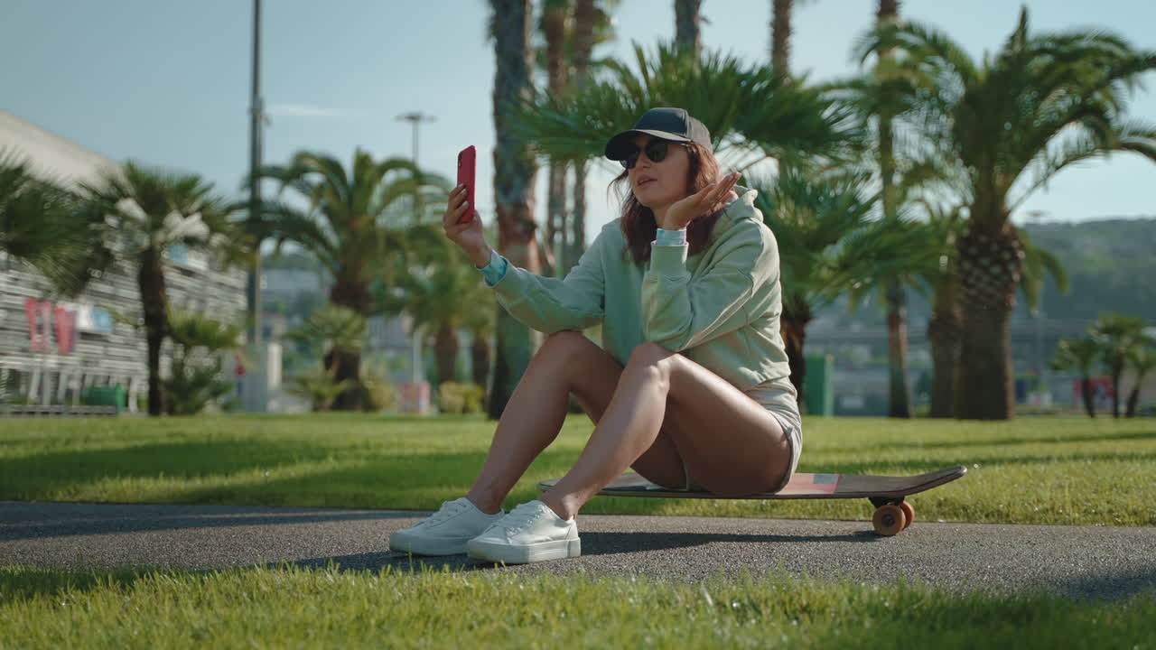mujer tomando una selfie en una patineta en un parque