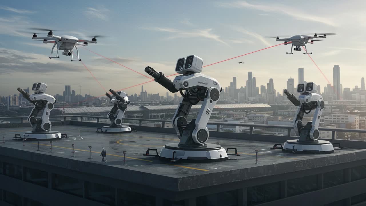 A futuristic scene showcases advanced robotic sentries and drones stationed atop a high-rise building, each equipped with laser technology for surveillance in a modern cityscape
