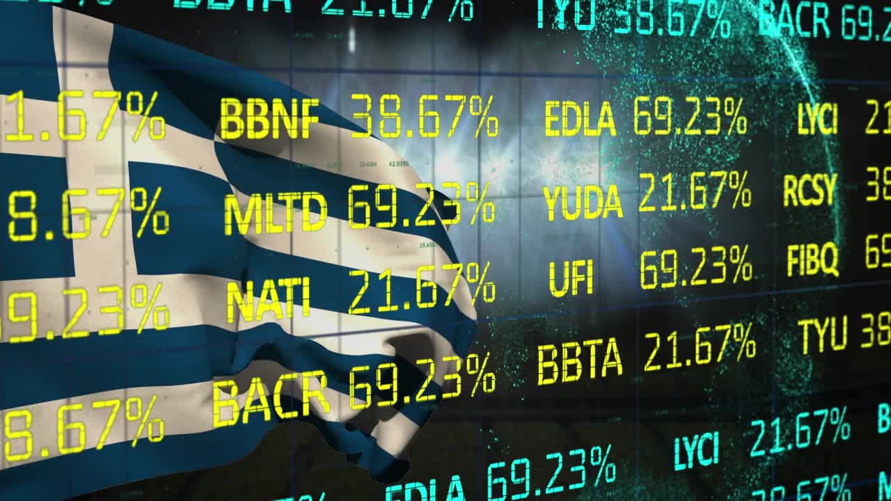 Animation of financial data processing over delivery man and sale text