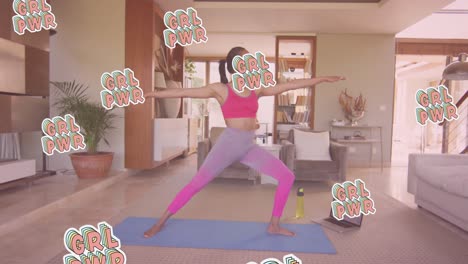 animación de múltiples textos de grl power sobre mujeres biraciales practicando yoga