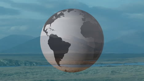 rotating globe animation over serene landscape with mountains and river