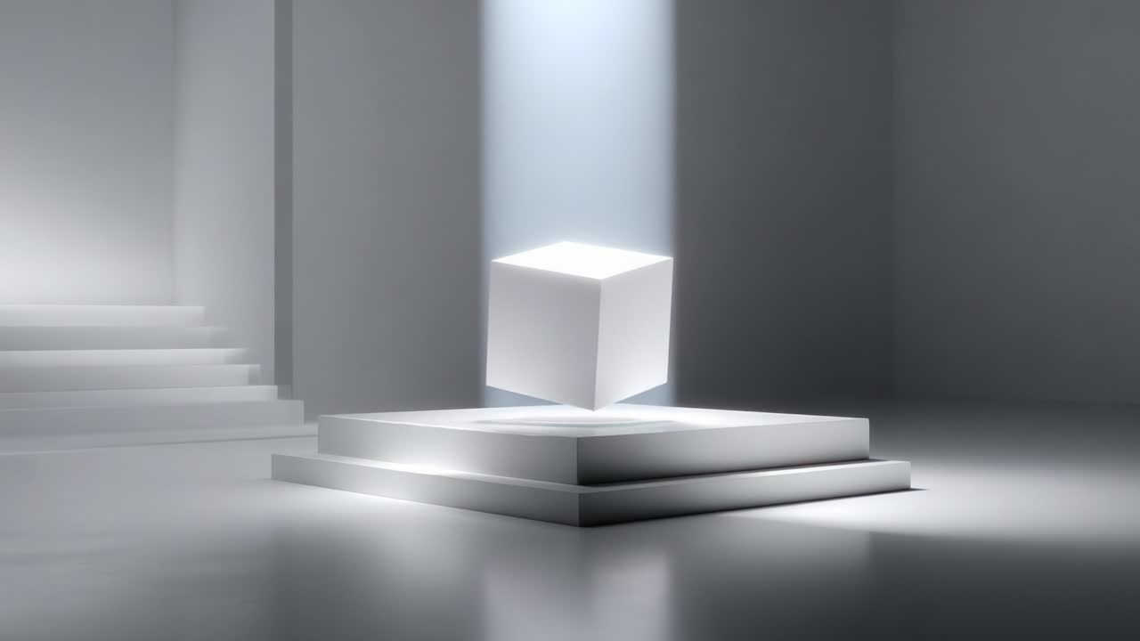 A captivating scene featuring a levitating white cube on a geometric pedestal, illuminated by a shaft of light, set against a minimalistic and modern interior backdrop