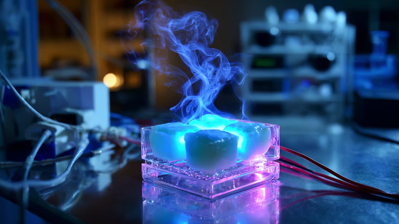 Innovative Science Experiment Featuring Glowing Ice Cubes Emanating Colorful Smoke in a Laboratory Setting, Capturing the Fusion of Technology and Chemistry in a Mesmerizing Display