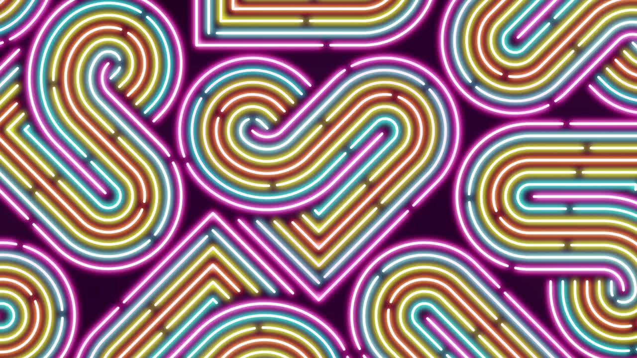 iluminación de línea de guión de corazón de neón patrón móvil colorido, red de tecnología transferencia de datos digitales, diseño conceptual del día de san valentín, brillante en fondo negro animación de bucle sin costuras 4k con espacio