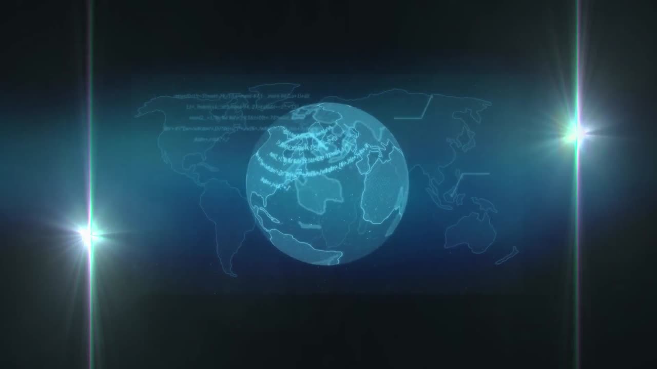 Composition of data processing on screens over globe and world map