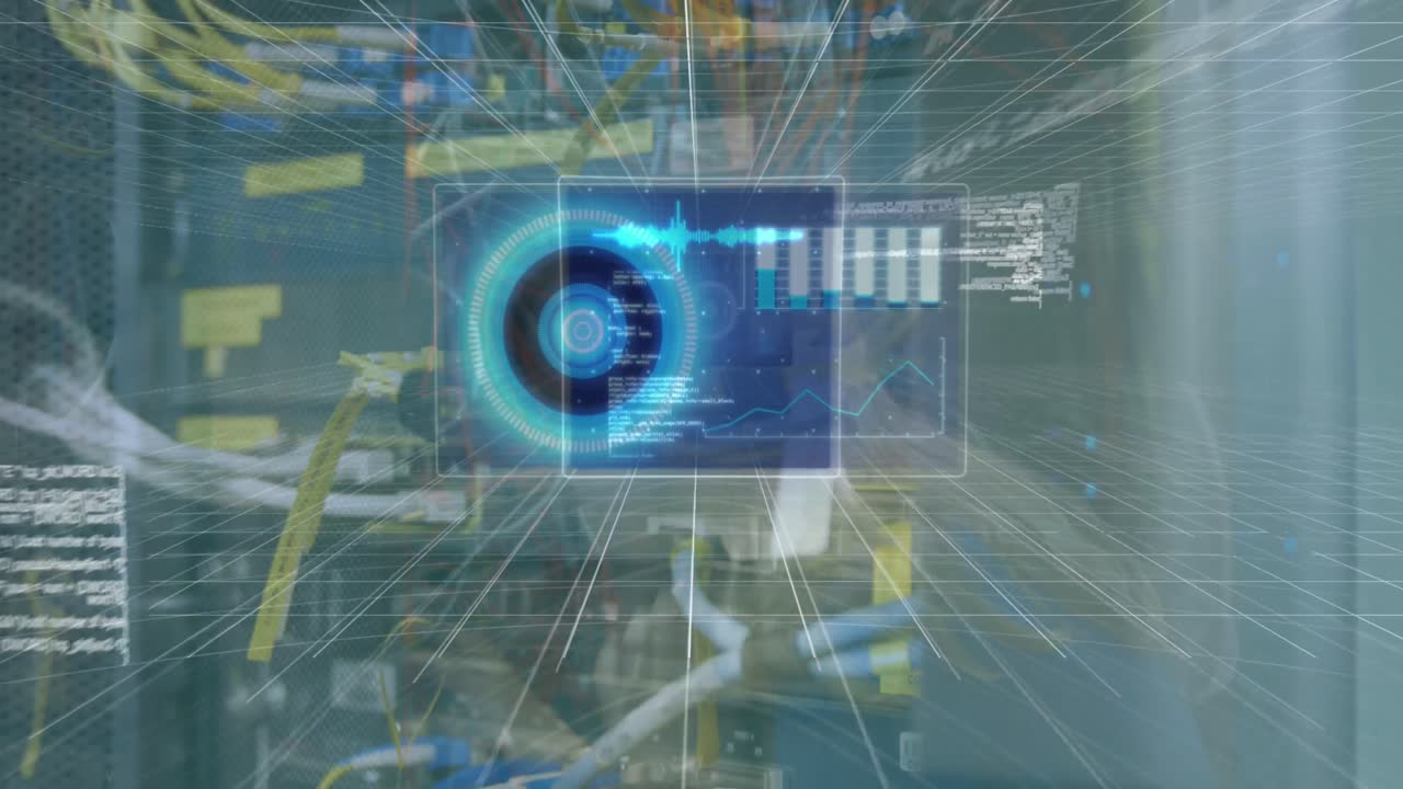 animación de escaneo de alcance y procesamiento de datos sobre mujer caucásica en la sala de servidores.