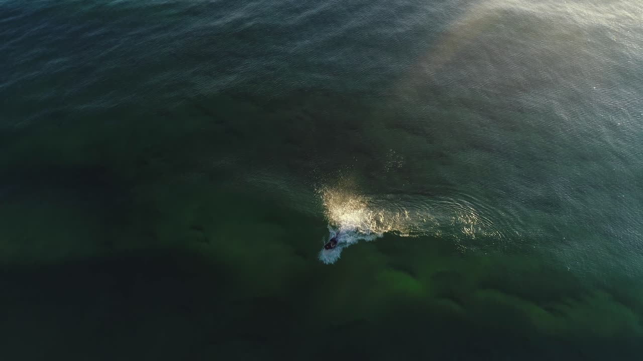 호주 사우스포트 골드 코스트 qld의 바다에 반사되는 아름다운 일출과 함께 파도를 잡는 서퍼의 공중 최고 전망