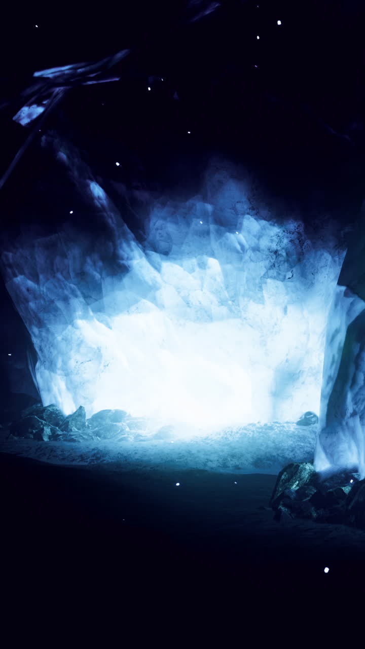 Bright light shines from crystal cave in dark underground setting