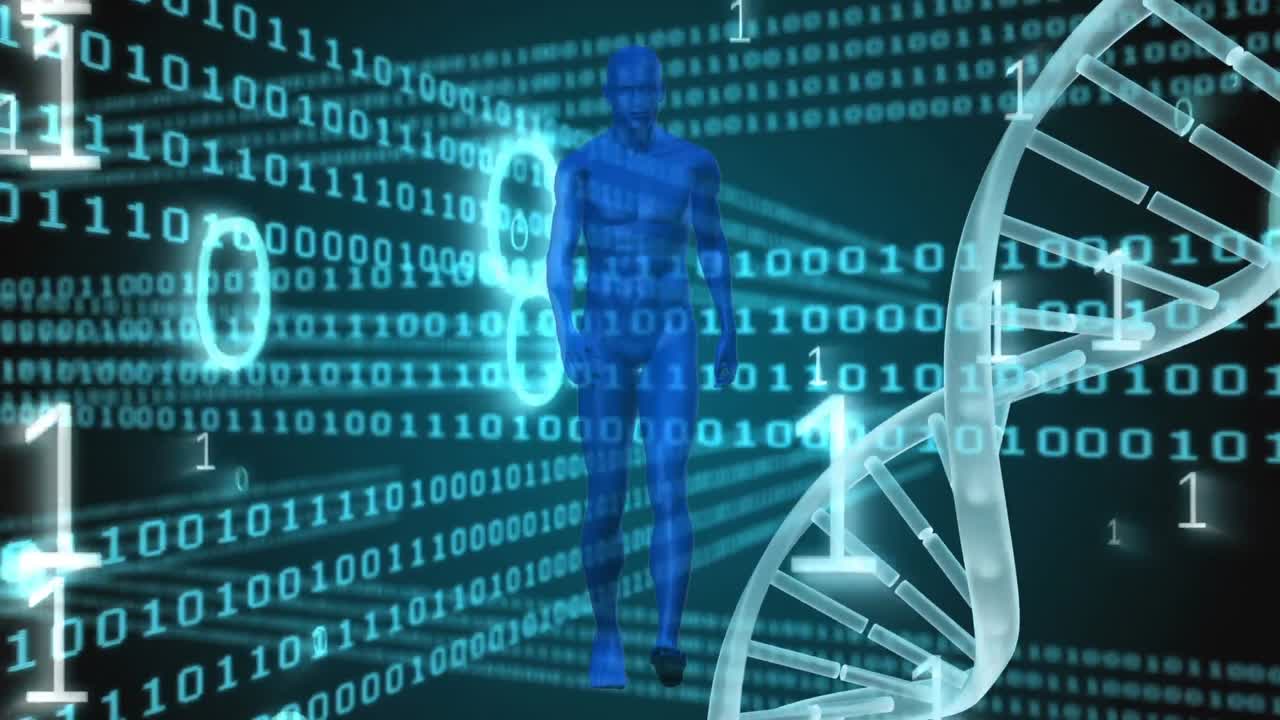 animación de dna con información de datos en un fondo oscuro