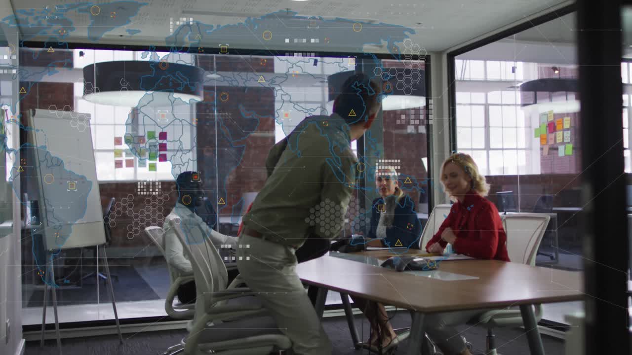 Image of data processing and world map over diverse business people at meeting