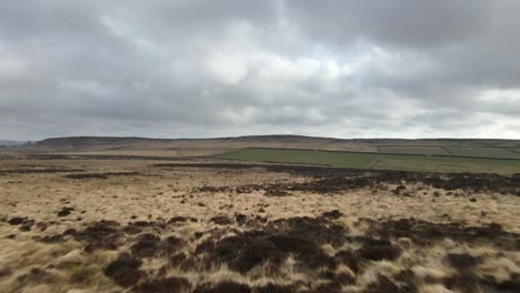 cinematic aerial drone footage flying low over open moorland fields in autumn with a dramatic, cloudy sky