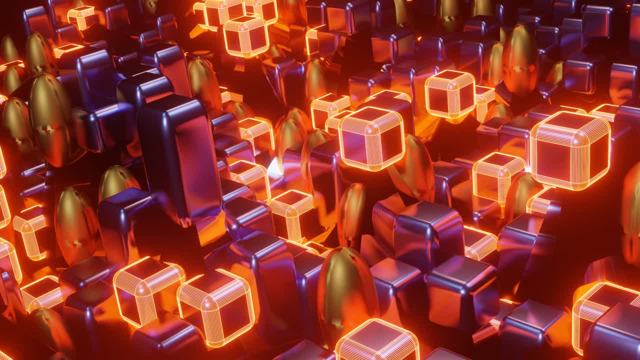 ciencia ficción con gráficos en movimiento rápido: cajas huecas futuristas, cuadrados y huevos dorados saltando arriba y abajo agitándose en ondas borrosas