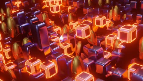 fast motion graphics sci fi: futuristic hollow boxes, squares and golden eggs jumping up and down agitating into blurry waves