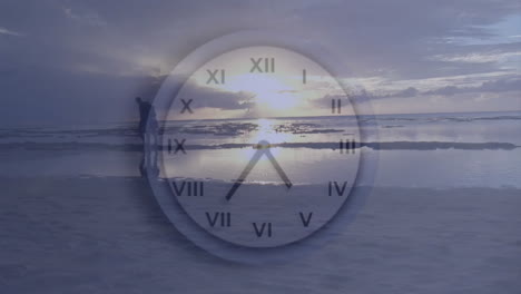 animation of clock moving over couple walking at beach