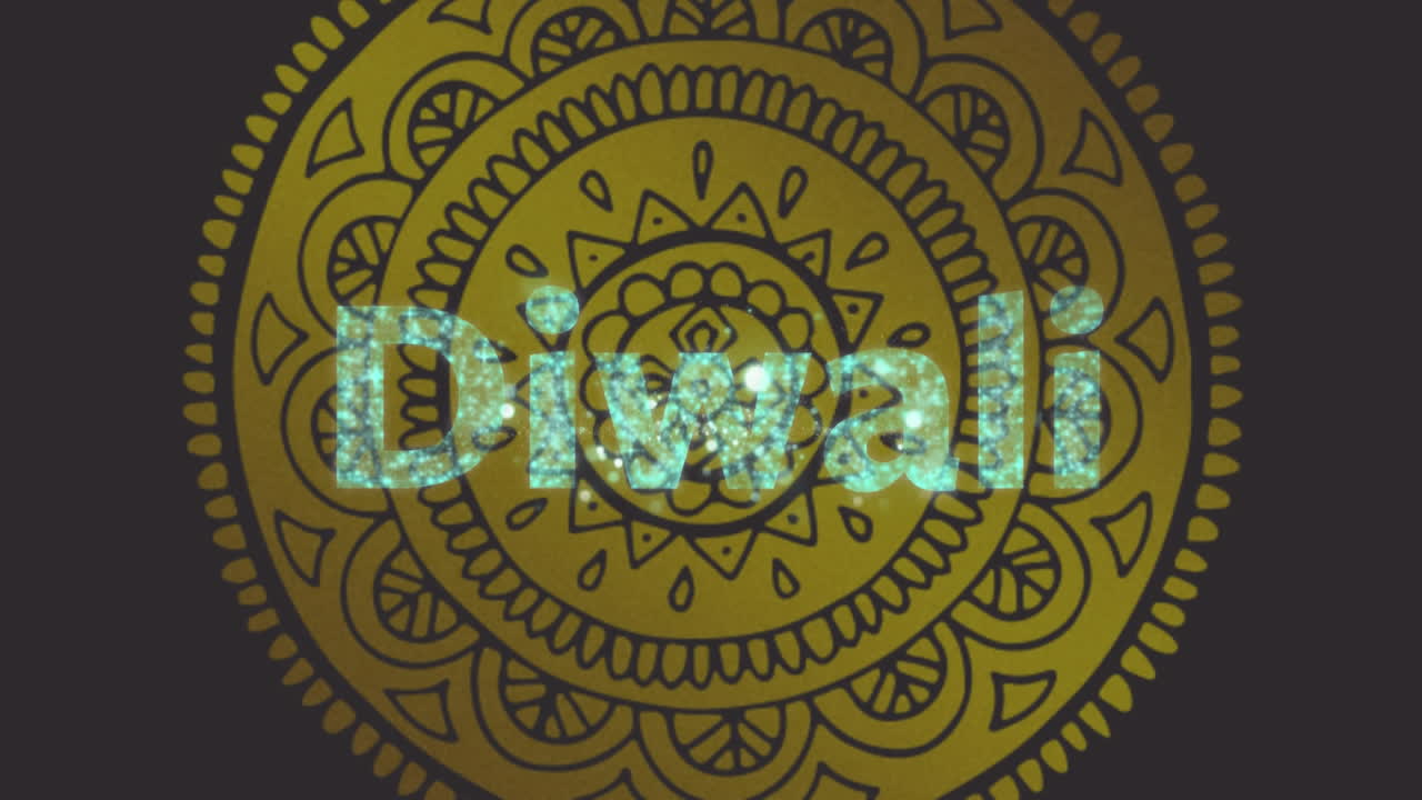 animación del texto de diwali con fuegos artificiales sobre el patrón de círculo de oro oriental sobre fondo marrón