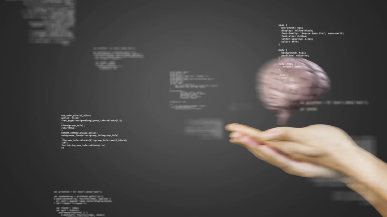 Drifting code with hands entering cupping brain appearing rotating fading and exiting for display