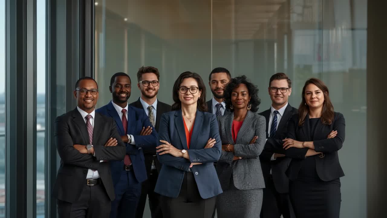 Pulling back camera revealing team in suits with arms crossed in glass corridor overlooking skyline