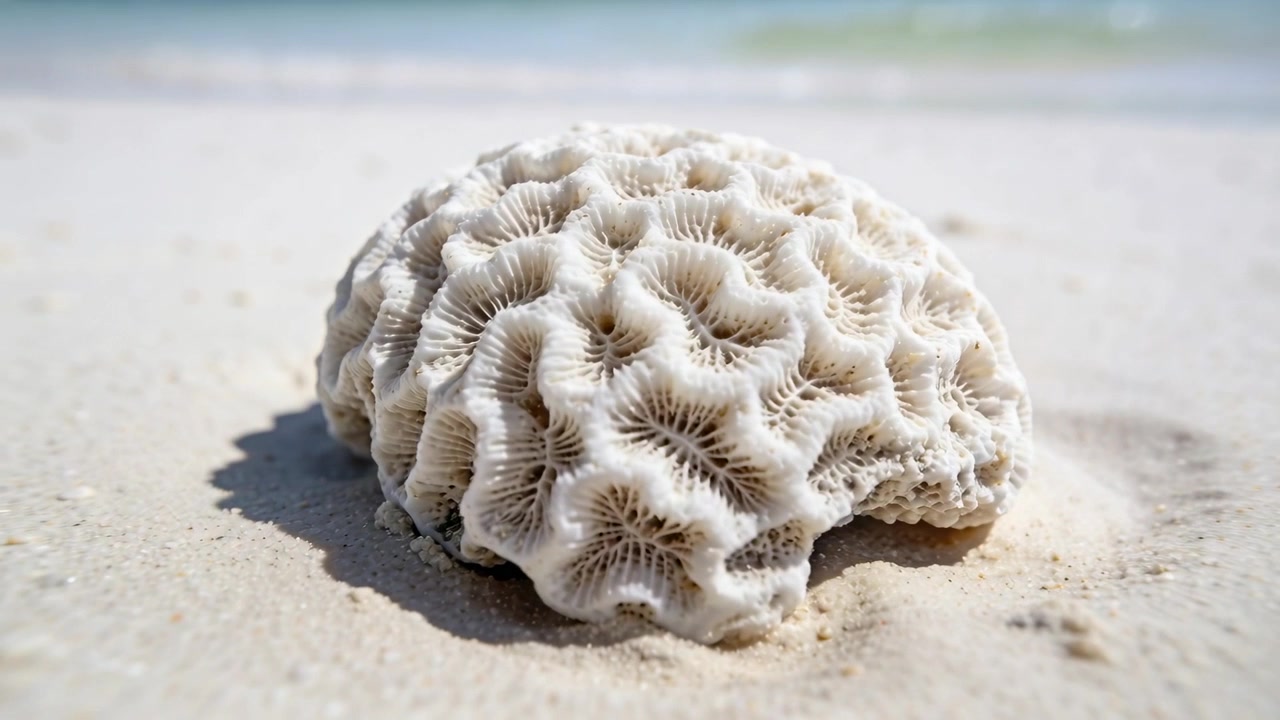 Operator pushing camera rolling inward and right at shoreline, revealing white brain coral on sand