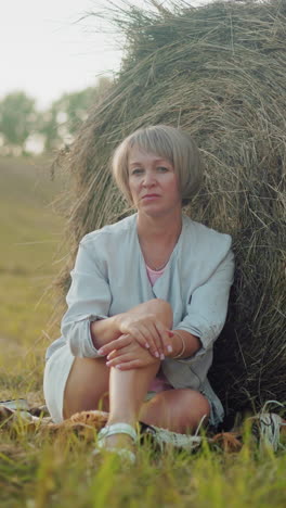 mujer sentada en la hierba, descansando la espalda contra la bala de heno en un vasto campo rural, el entorno pacífico y rural captura la soledad, la relajación y la reflexión en un ambiente natural cálido