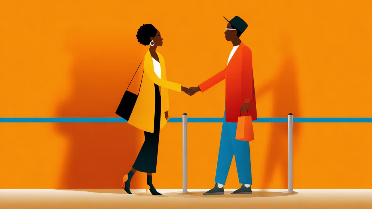A vibrant illustration showcasing two stylish characters engaged in a friendly handshake against a bright orange backdrop, symbolizing connection and collaboration in a modern setting