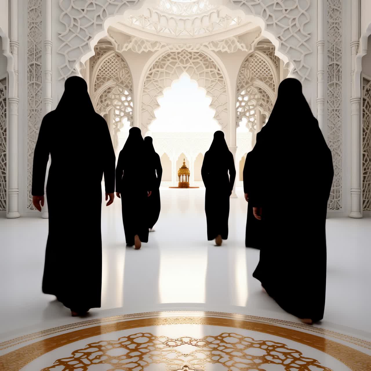 Sagome di donne che camminano attraverso una sontuosa sala islamica bianca
