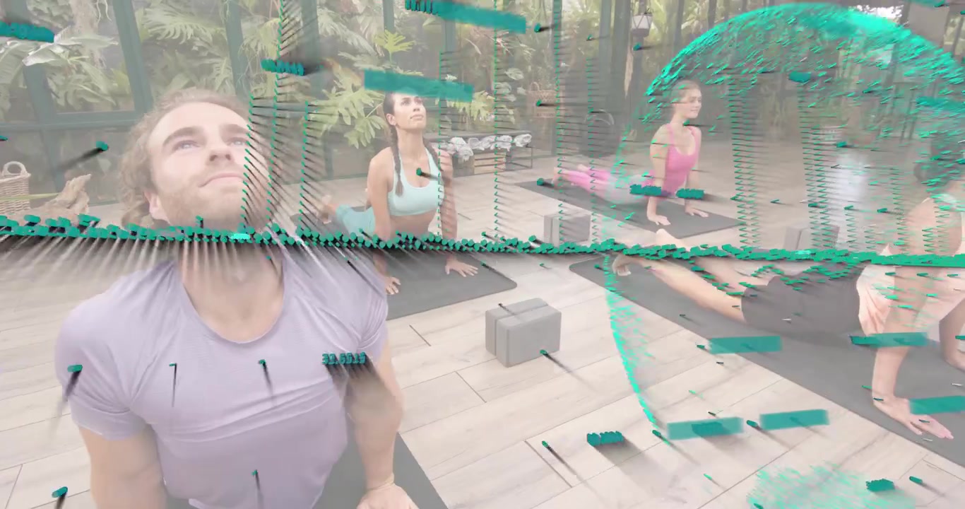 Yoga group performing upward dog on cue in greenhouse while AR particle stream overlaying torsos