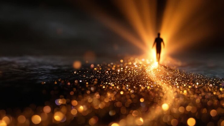 Una figura solitaria percorre un sentiero dorato luccicante illuminato da una luce radiosa, a simboleggiare il viaggio, la speranza e la bellezza della scoperta in un paesaggio onirico