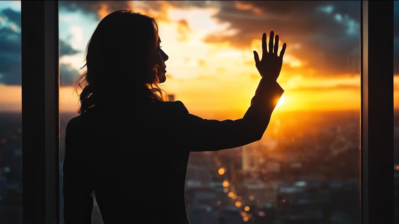 Silhouette di una donna al tramonto, vista della città. Ripresa da dietro, in stile video cinematografico.