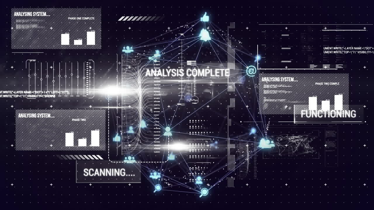 Data network and analysis complete animation over digital interface with scanning text