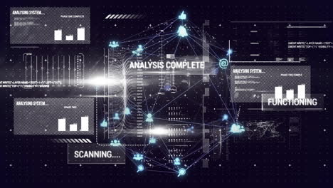 data network and analysis complete animation over digital interface with scanning text