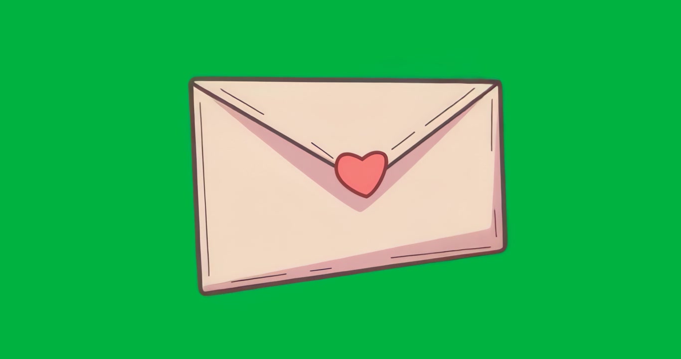 Busta sigillata a forma di cuore che si illumina inclinando e poi si stabilizza su sfondo trasparente, a simboleggiare l'amore
