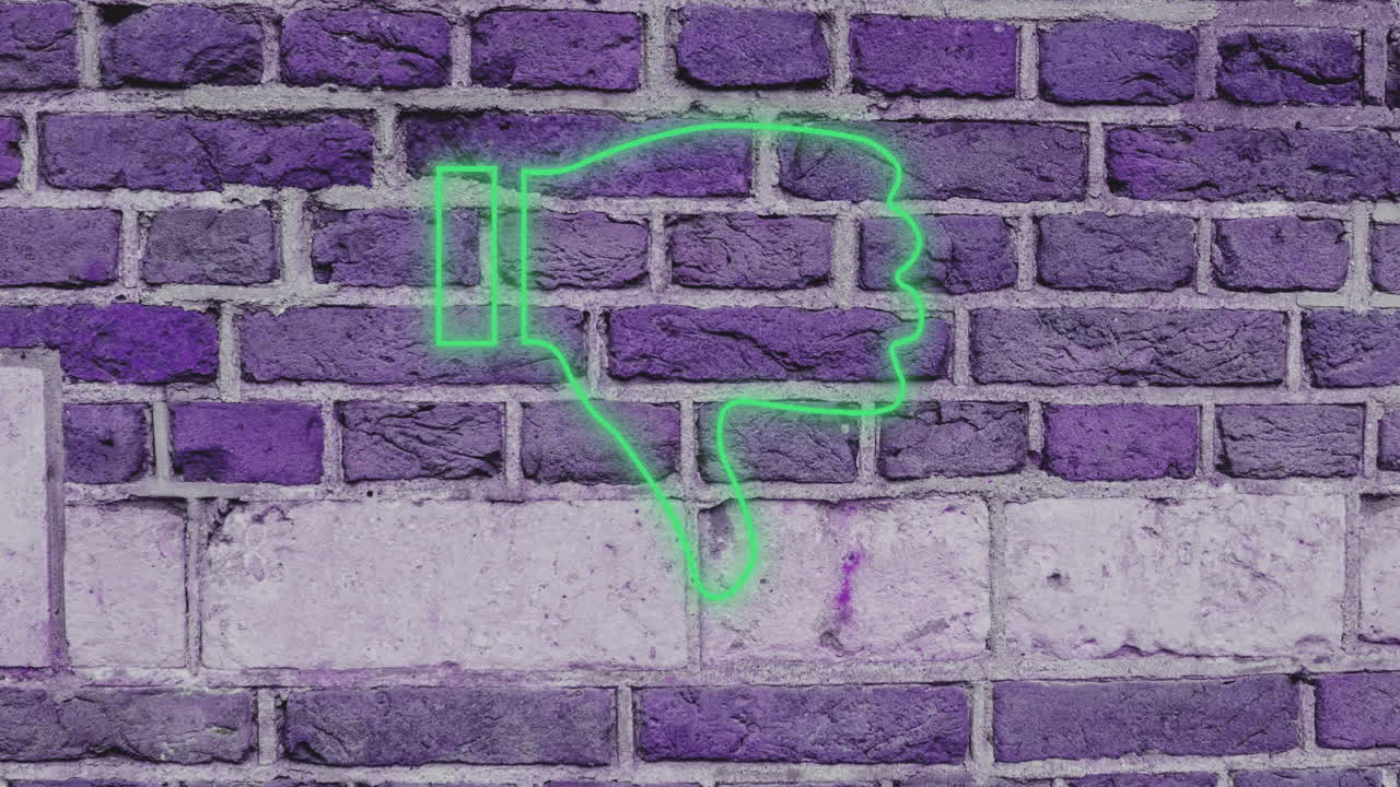 pulgares hacia abajo signo de neón en la pared de ladrillo 4k