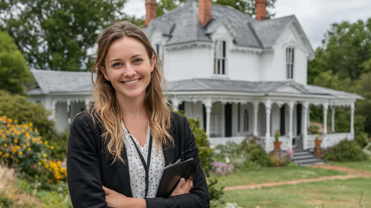A Confident Woman Posing in Front of a Beautiful Victorian House, Showcasing Her Professionalism and Charm Amidst Lush Greenery and Vibrant Flowers