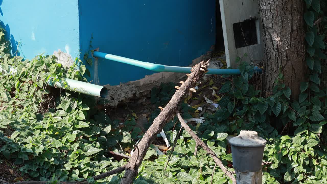 울창한 도시 환경에서 파이프에서 물방울이 떨어집니다.