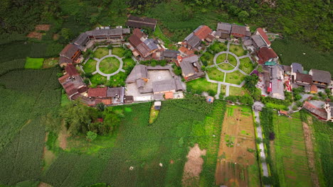 top aerial view of unique designed pa vi hmong village in meo vac, ha giang