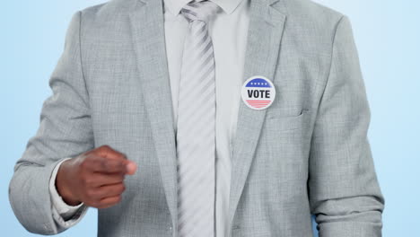 vote pin, sticker and business man hand in studio