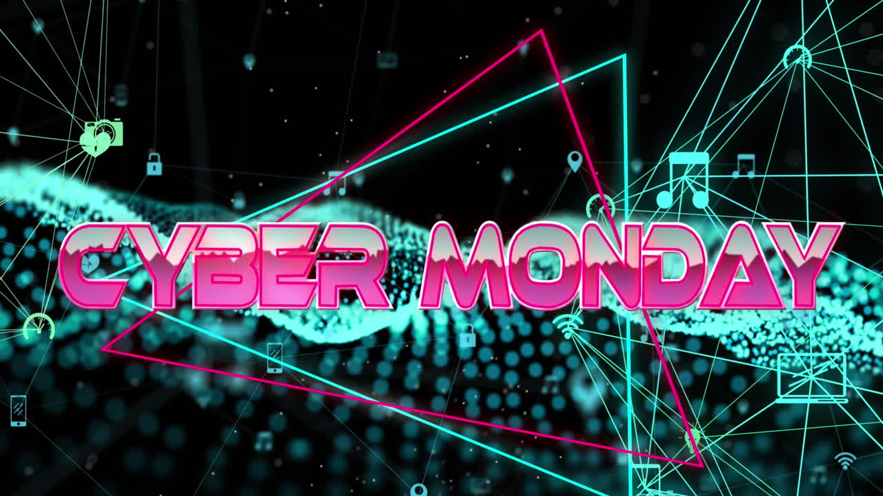 아이콘을 가진 연결 네트워크를 통해 사이버 월요일 텍스트의 애니메이션