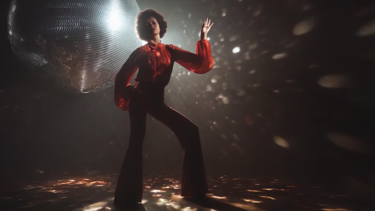 A vibrant dancer in a shimmering red outfit strikes a captivating pose under dazzling disco lights, showcasing the energy and spirit of a lively dance floor atmosphere filled with excitement and rhythm