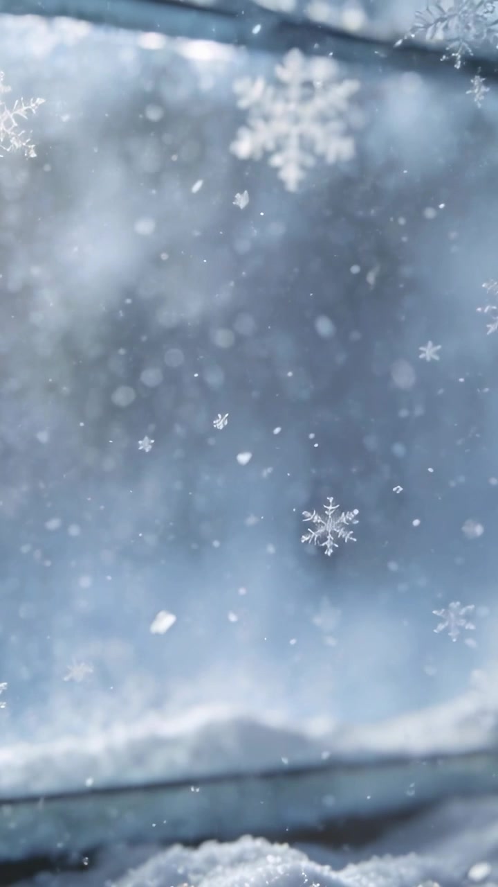 Fiocchi di neve che cadono e fluttuano oltre il davanzale della finestra, spolverando il davanzale, cielo coperto che produce tempo stabile