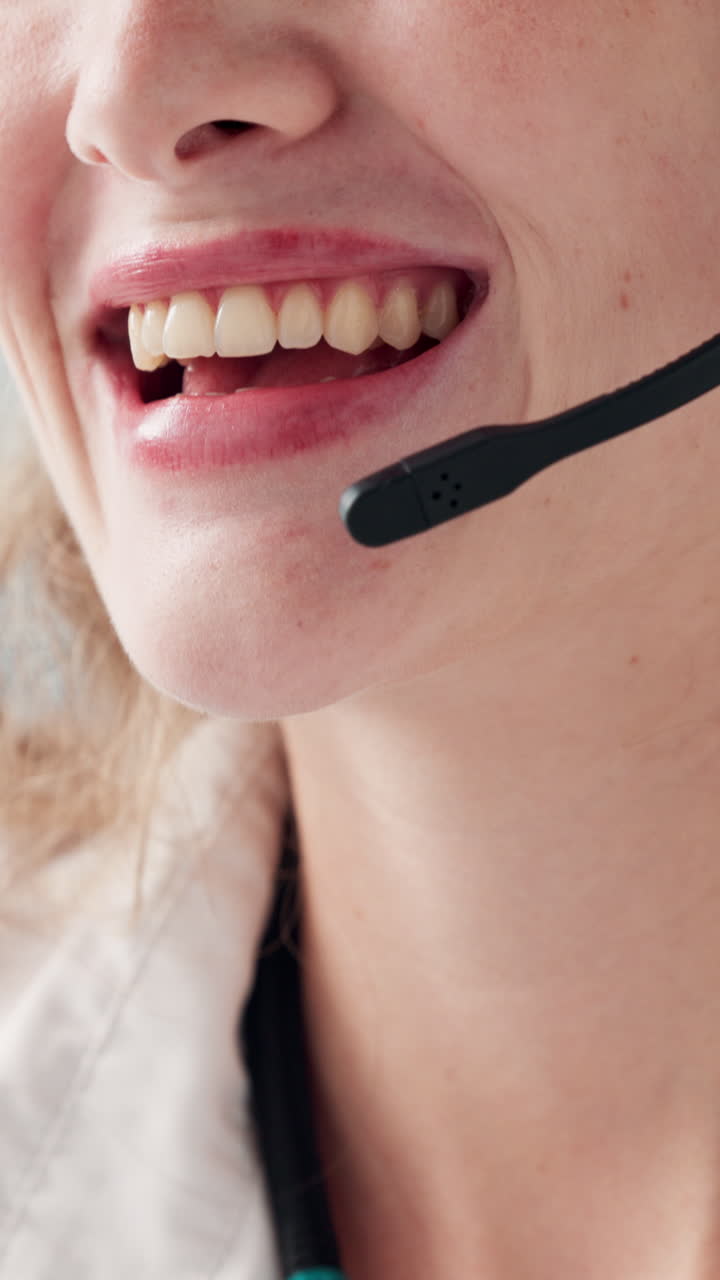 Close Up of Woman's Mouth Speaking into Headset Microphone